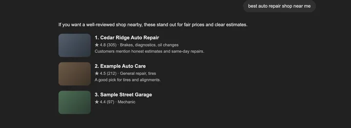 Sample ChatGPT answer naming Cedar Ridge Auto Repair first