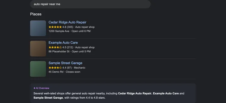 Sample Google results with Cedar Ridge Auto Repair first in Places