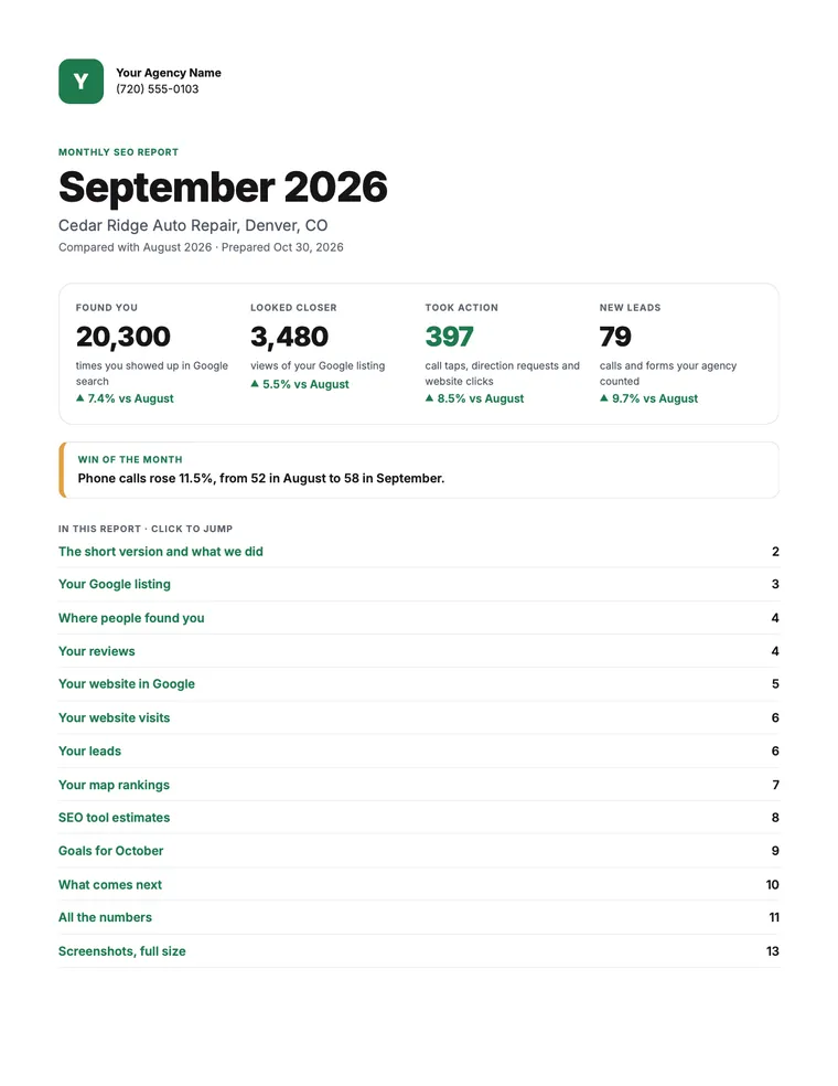 Sample PDF cover with the agency's name, top numbers and a clickable contents list
