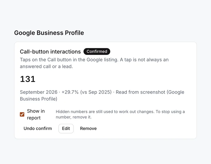 Sample Check numbers screen: a number from a Google listing screenshot, marked Confirmed, with where it came from