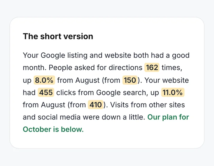 Sample report paragraph with each number highlighted: every number was filled in from checked numbers